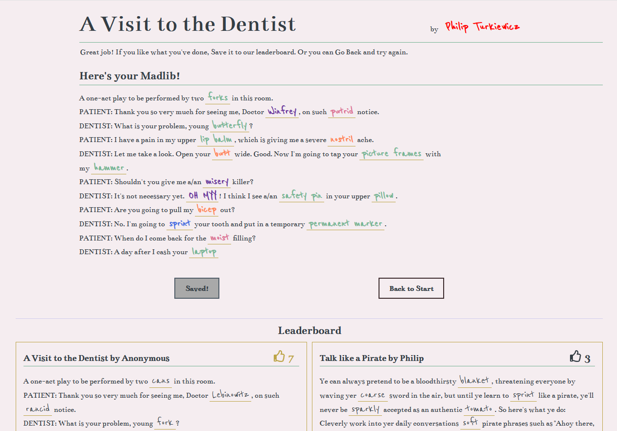 Screenshot of the Madlibs App project