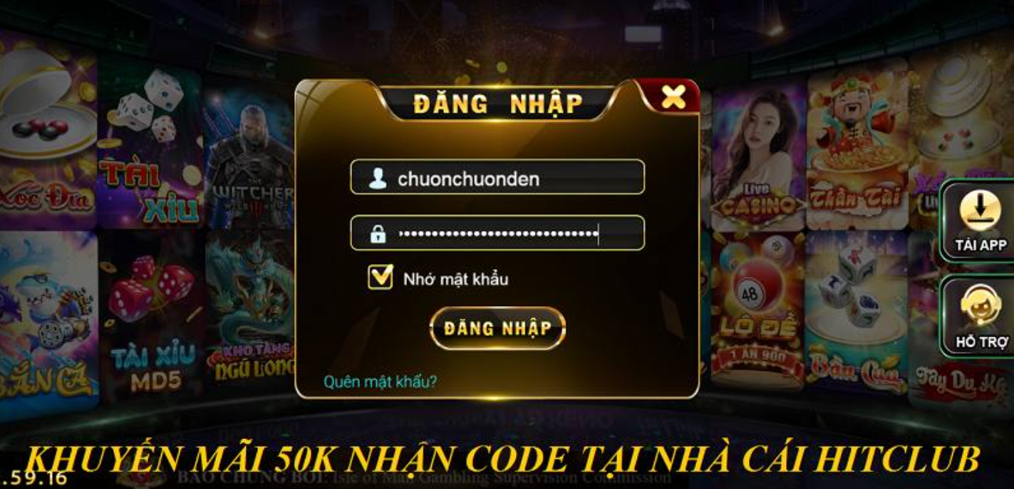 Đăng nhập sau khi tải Hitclub